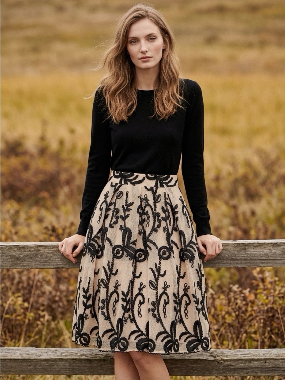 DRA Los Angeles XS Black Floral Embroidered Mesh Midi Skirt